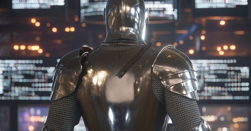 A medieval knight in full, polished steel armor standing, viewed from behind. Behind the knight, a stack of computers and monitors display streams of cyber security code, creating a high-tech atmosphere. The knight's armor reflects the glowing screens, blending medieval and modern themes. The scene is set in a dimly lit room with a futuristic cyber security ambiance, contrasting the historical armor with the digital world. Ultra-realistic, 8K resolution, with intricate reflections and lighting. --style raw --stylize 0 --v 6.1 Job ID: 568faf0a-53fd-401e-9976-7a16cf0bfa06