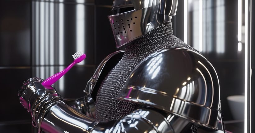 Close-up, frontal portrait of a medieval knight in polished steel armor. The knight is holding a bright pink toothbrush and squeezing toothpaste onto it. The background is a modern bathroom, with a large, illuminated mirror and sleek surfaces. The knight's detailed armor contrasts with the contemporary setting. Ultra-realistic, 8K resolution, capturing the intricate reflections on the armor and the soft lighting of the bathroom. --style raw --stylize 0 --v 6.1 Job ID: dba3c035-269e-4a85-8ddb-33dac69994ee