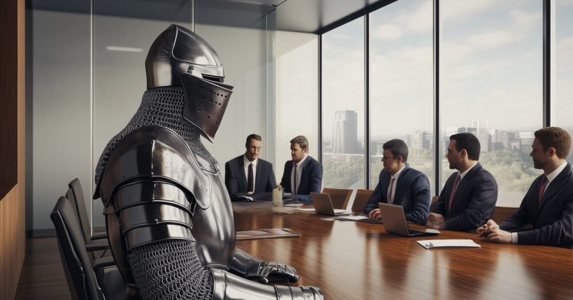 A medieval knight in full, authentic steel armor sitting at a modern corporate boardroom table during a business meeting. Around the table, men and women in professional business suits are engaged in discussion. The knight, fully armored, contrasts with the contemporary office setting, complete with sleek furniture, laptops, and large glass windows. The atmosphere is serious yet surreal, with a mix of medieval and modern elements. Ultra-realistic, high definition, 8K resolution. --style raw --stylize 0 --v 6.1 Job ID: cdf1eb13-a218-46cd-9ccd-d4264f3d6254